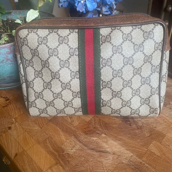 Gucci Beige and Brown Toiletry Bag with Red and Green Stripe